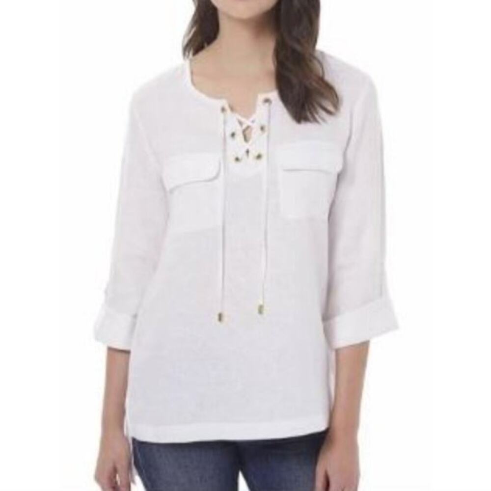 Ellen Tracy Women's Small 100% Linen Chalk 3/4 sleeve Boho Tunic Blouse Lace Up